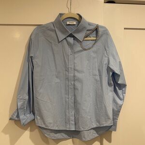 Sandro light Blue Button Down Shirt with rhinestone tear shape  cutout